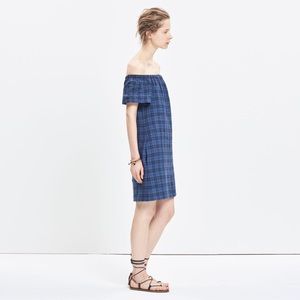 Madewell Blue plaid off the shoulder dress